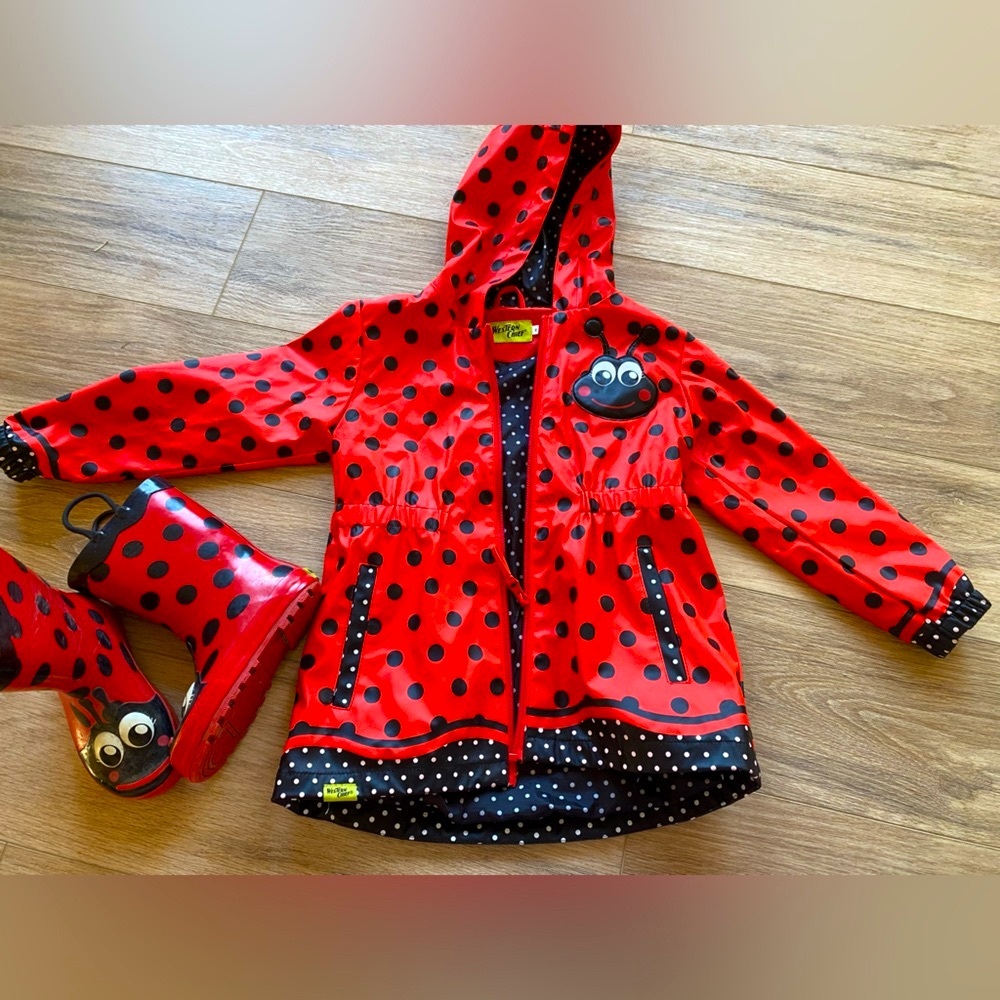 🐞 Black & Red Polka Dot Raincoat & Boots
